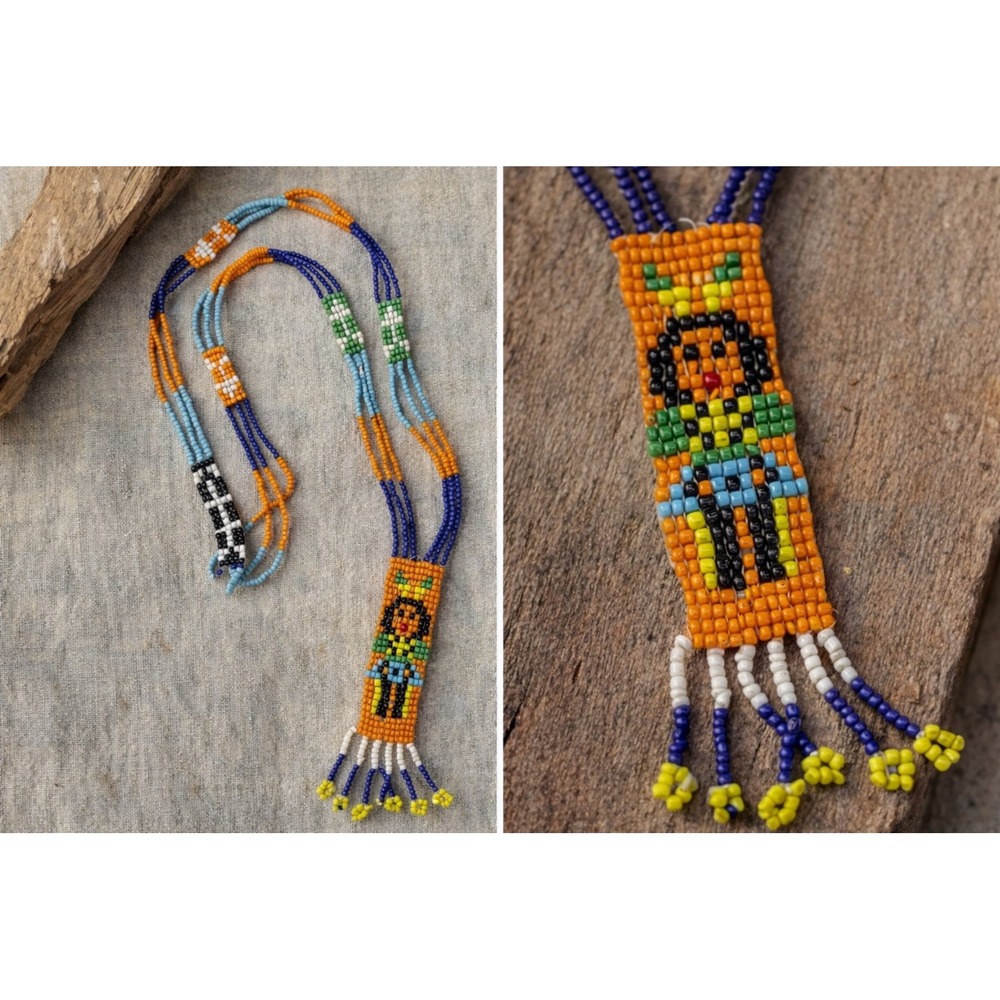 Vintage‎ Native Style Beaded Necklace Pictorial Figure Fringe Statement
